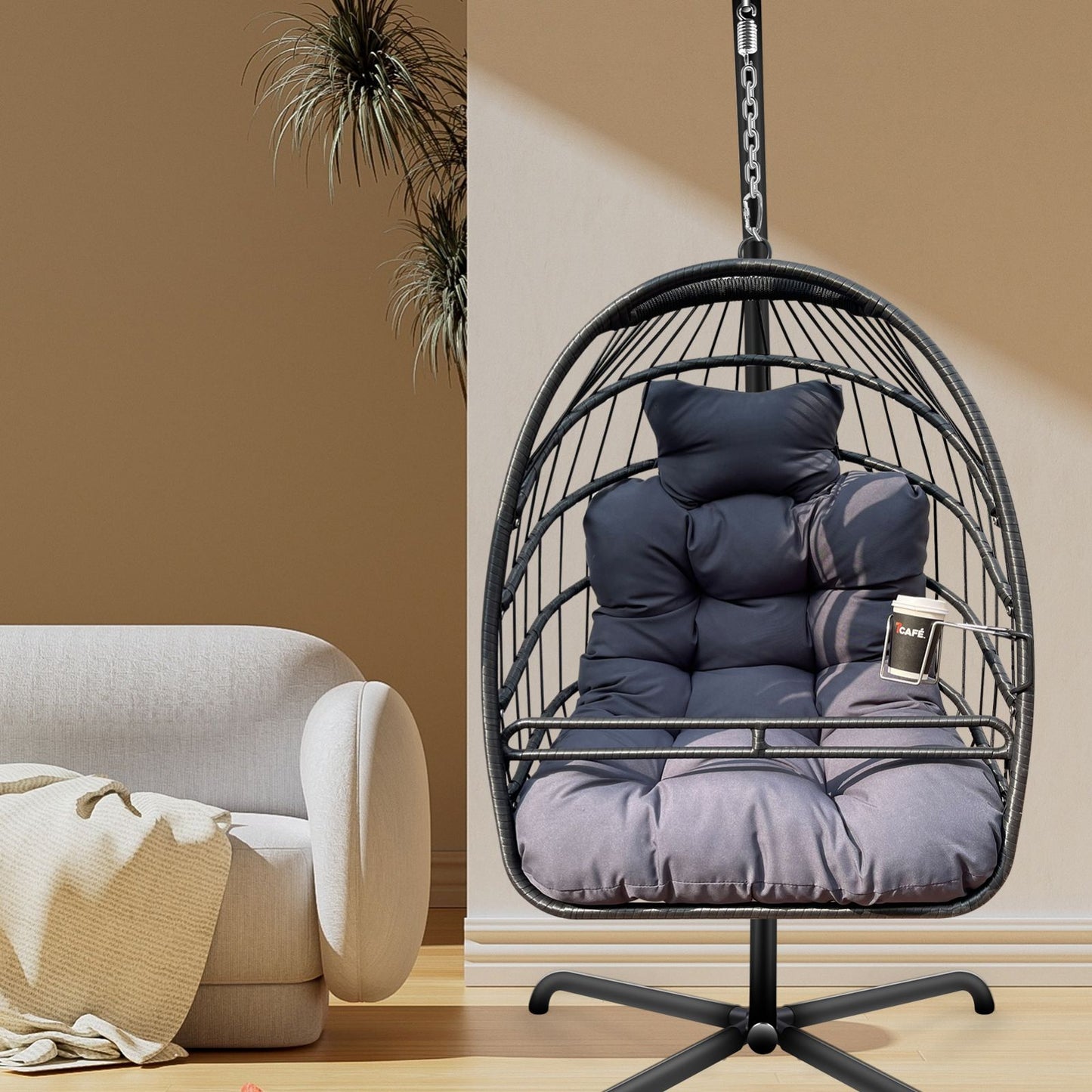 Swing Egg Chair with Stand Indoor Outdoor Wicker Rattan Patio Basket Hanging Chair with C Type bracket , with cushion and pillow,Patio Wicker folding Hanging Chair( Special construction cup holder