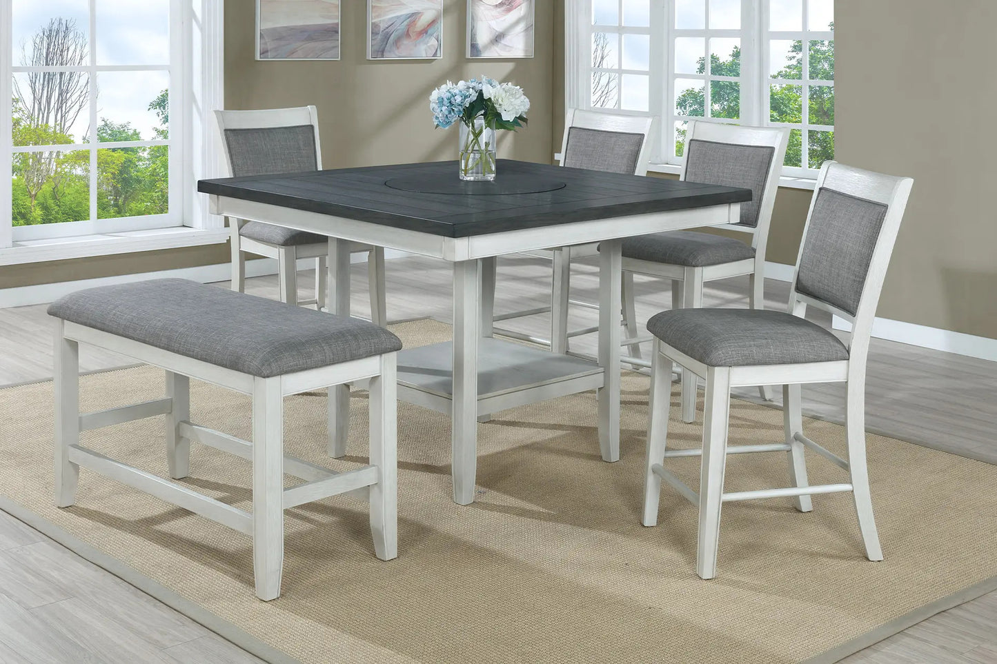 Farmhouse Chalk White and Gray Lazy Susan Dining Table Set with Bench