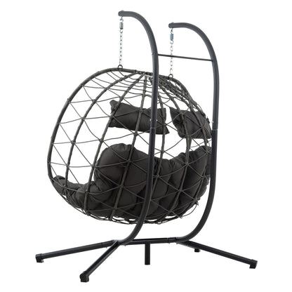 2 Persons Egg Chair with Stand Indoor Outdoor Swing Chair Patio Wicker Hanging Egg Chair Hanging Basket Chair with Stand for Bedroom Living Room Balcony