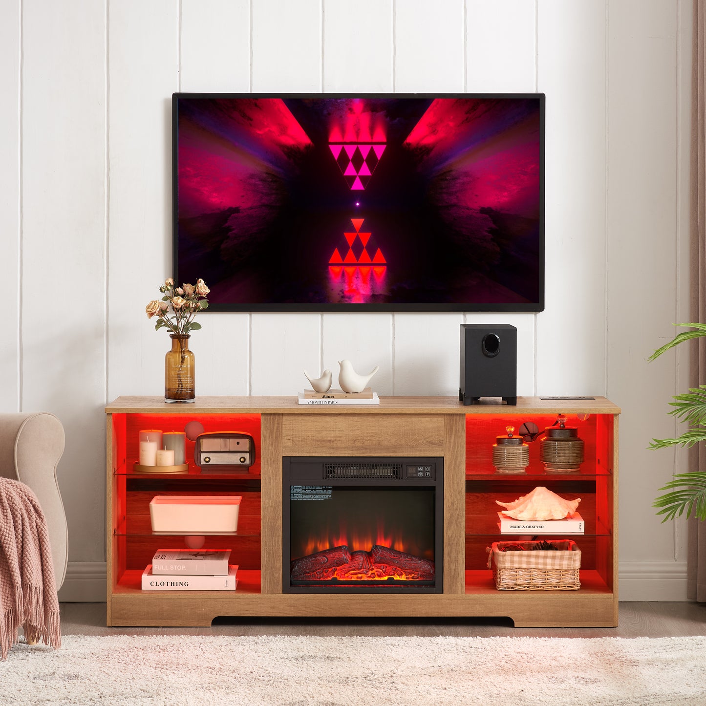 TV Stand Electric Fireplace  Glass Shelves, 3D Fireplace TV Stand with LED Lights Wood with USB Charging Outlet Modern Television Table Center for TV up to 62" OAK 58''W*15.5''D*24.4