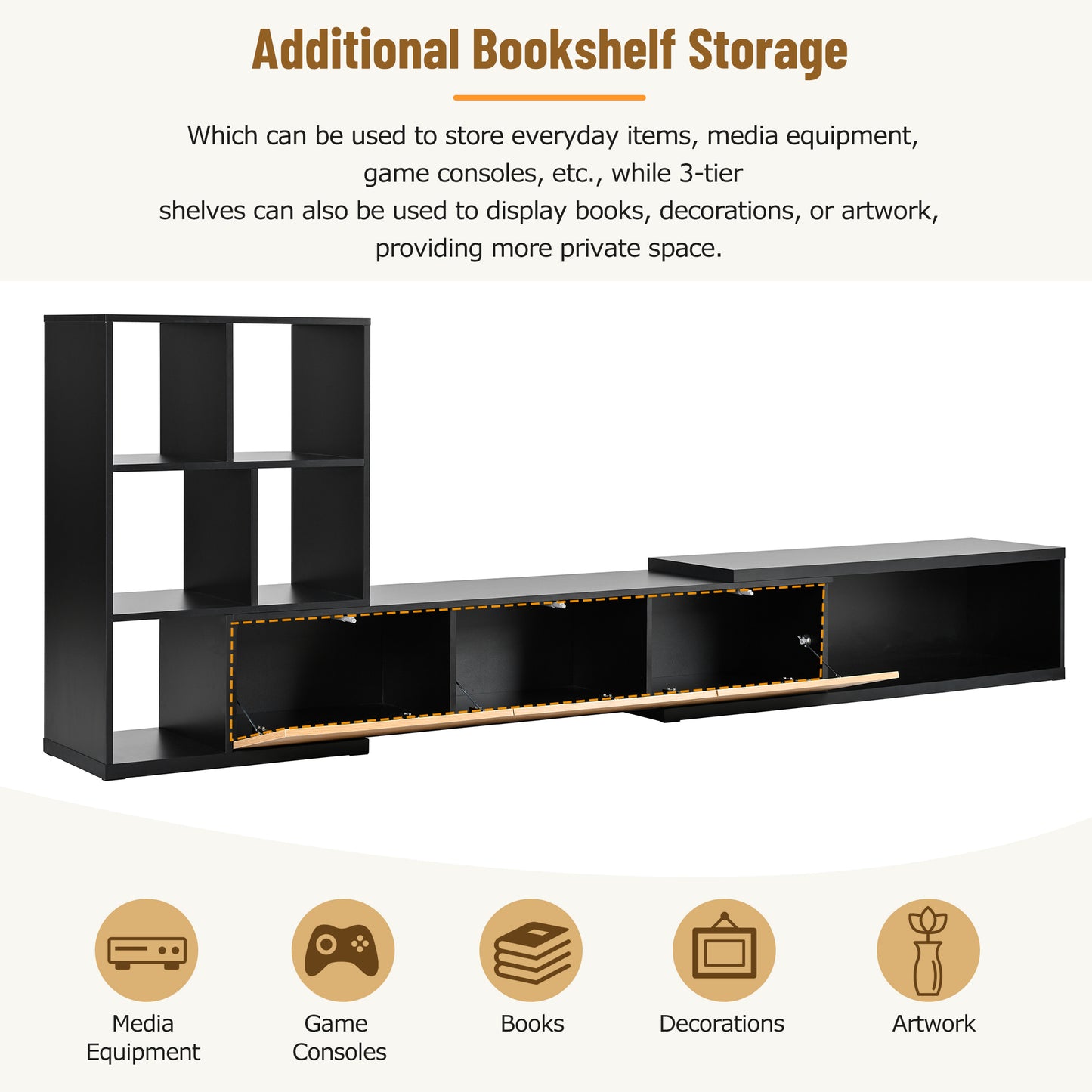 ON-TREND Extendable TV Stand and Coffee Table, Set of 2, Media Console with 3 Tier Bookshelves for TVs up to 110'', Dual-tone Center Table with Sliding Tabletop for Living Room, Black