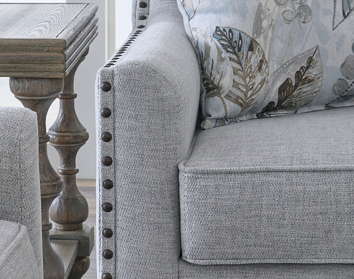 Breezy Mist Gray Nail Head Sofa and Loveseat