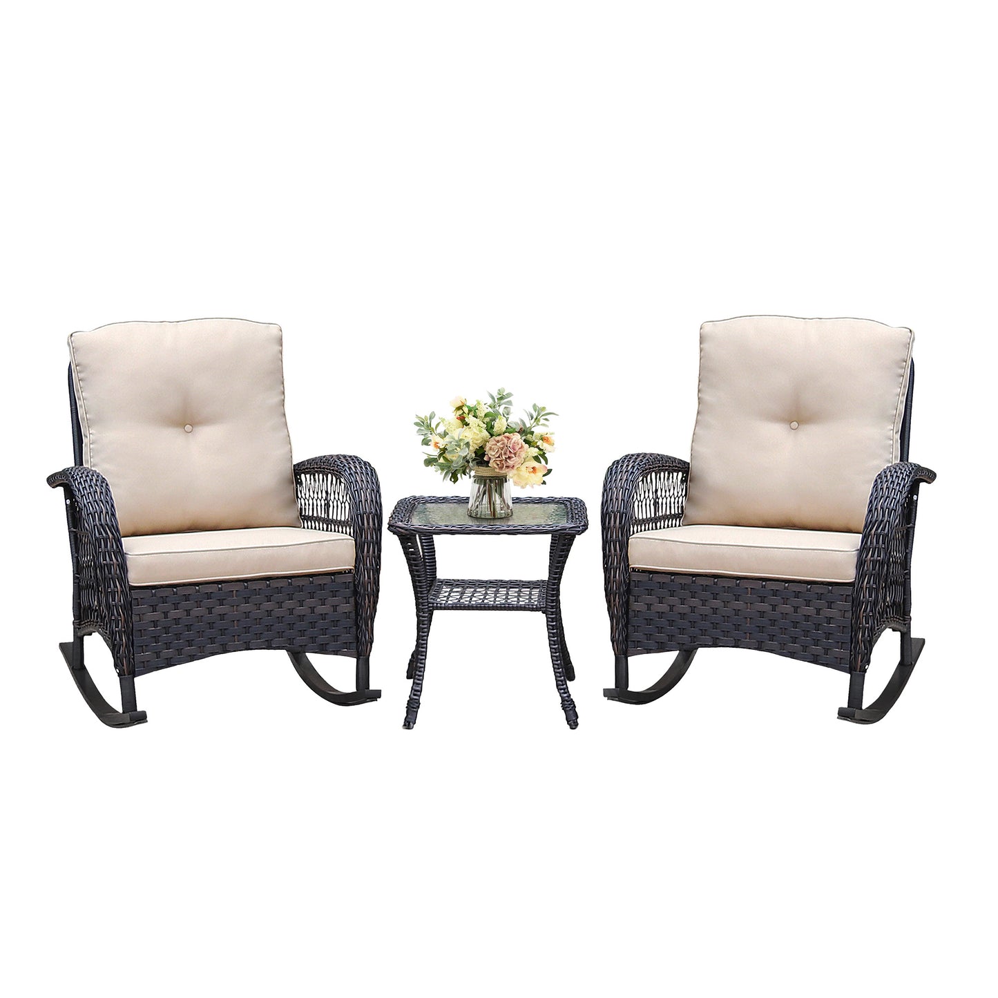 3 Pieces Conversation Set, Outdoor Wicker Rocker Patio Bistro Set, Rocking Chair with Glass Top Side Table