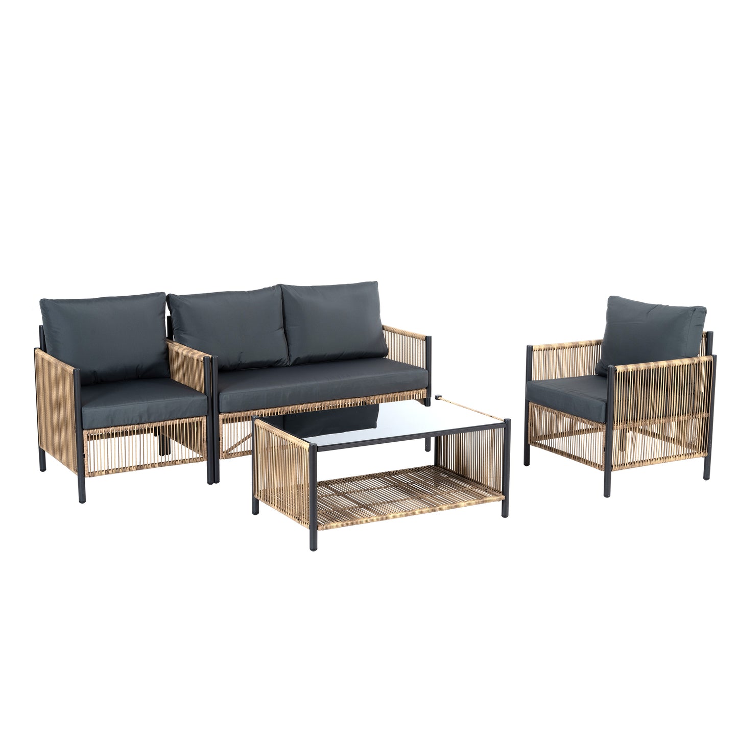 Patio 4 Pieces Brown PE Wicker Sofa Set with Grey Cushion