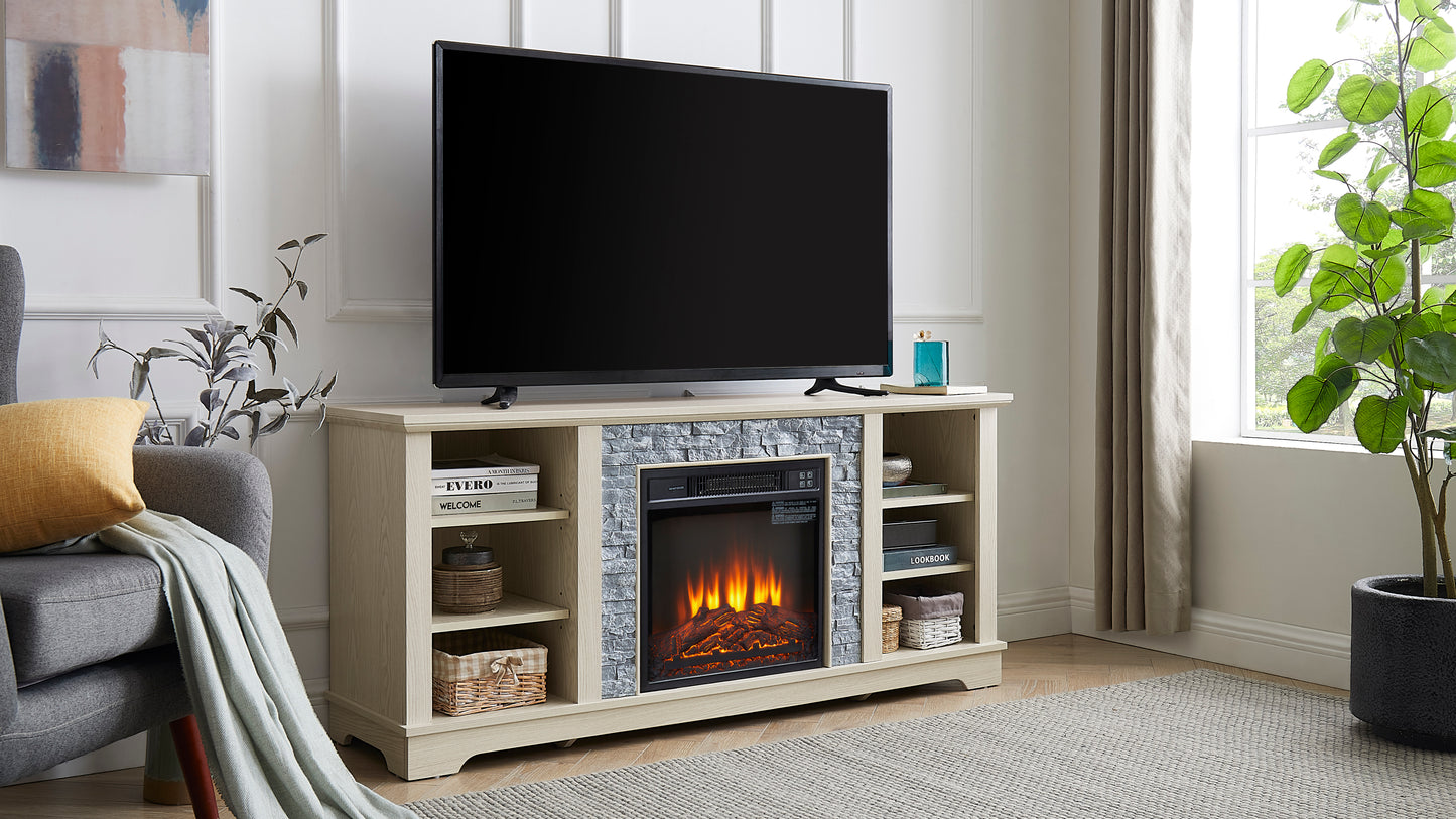 Mantel Electric Fireplace Stone TV Media Stand, Open Storage Modern Entertainment Console  Space with 18" Fireplace Insert, White, 58.31"W*15.39"D*26.06"H