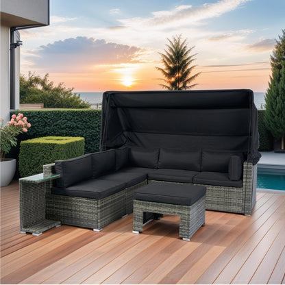 7-Piece Patio Furniture Set w/Retractable Canopy Wicker Rattan Sectional Sofa Set Patio Furniture with Washable Cushions for Lawn, Garden, Backyard, Poolside  Grey wicker + Black Cushion