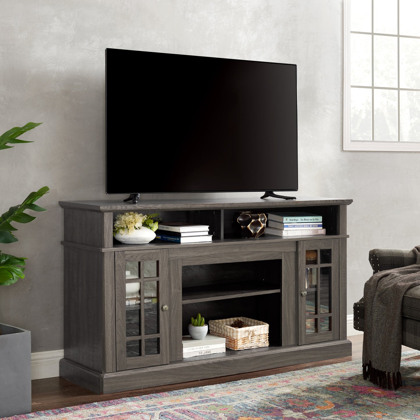 Classic TV Media Stand Modern Entertainment Console for TV Up to 65" with Open and Closed Storage Space, Dark Walnut/Black, 58.25"W*15.75"D*32"H