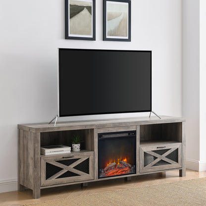 Industrial Farmhouse Metal Mesh Drop-Down X-Door 70" Fireplace TV Stand for 80" TVs - Grey Wash