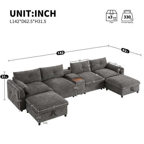 Double Chaise Modular Sectional with Storage and USB Charger