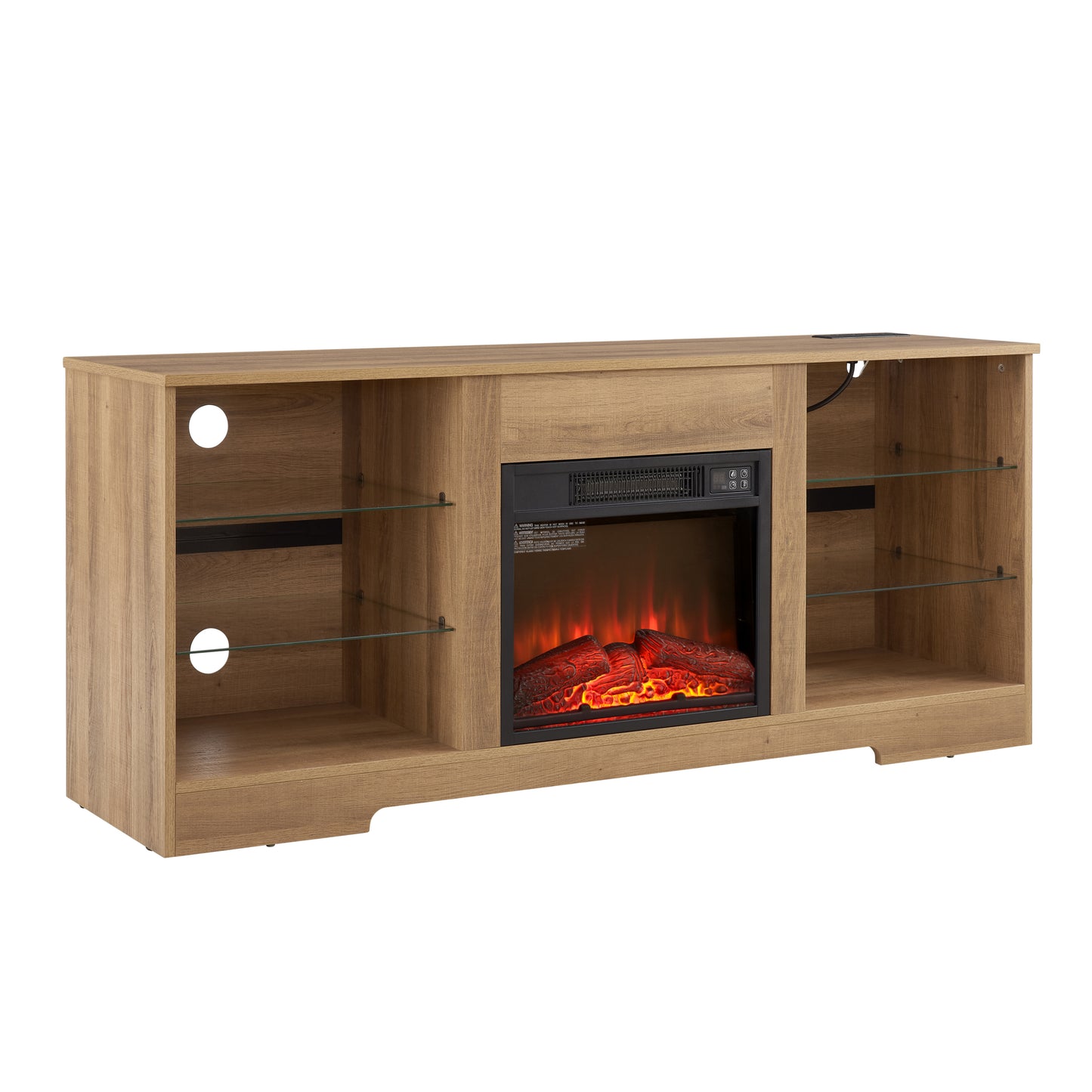 TV Stand Electric Fireplace  Glass Shelves, 3D Fireplace TV Stand with LED Lights Wood with USB Charging Outlet Modern Television Table Center for TV up to 62" OAK 58''W*15.5''D*24.4