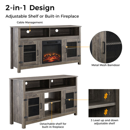 Modern Farmhouse TV Stand with Electric Fireplace, Fit up to 65" Flat Screen TV with Storage Cabinet and Adjustable Shelves Industrial Entertainment Center for Living Room, Grey