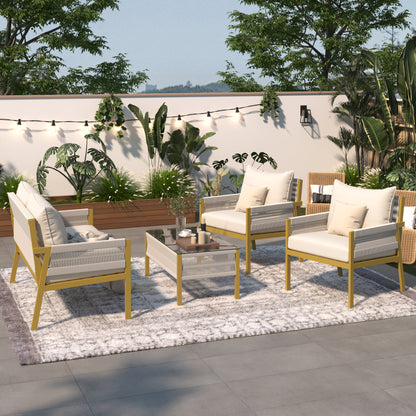 4-Piece Rope Patio Furniture Set, Outdoor Furniture with Tempered Glass Table, Patio Conversation Set Deep Seating with Thick Cushion for Backyard Porch Balcony (Beige&Mustard Yellow)