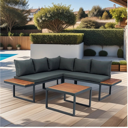 4 Piece L-Shaped Patio Wicker Outdoor 5-Seater Sectional Sofa Seating Group Conversation Sets with Side Table & Dark Grey Cushions