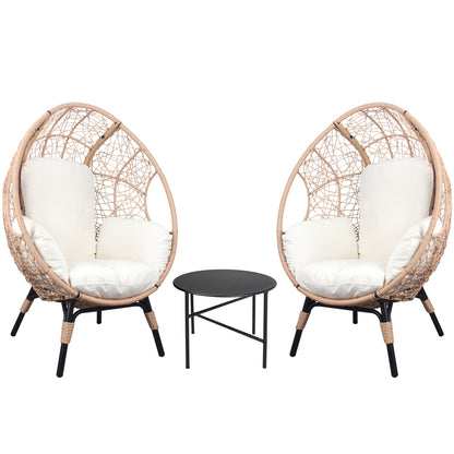 3 Pieces Patio Egg Chairs (Model 3) with Side Table Set,Natural Color PE Rattan and Beige Cushion