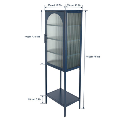 Stylish Tempered Glass High Cabinet with Arched Door Adjustable Shelves and Feet Anti-Tip Dust-free Fluted Glass Kitchen Credenza Blue