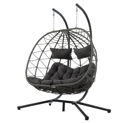 2 Persons Egg Chair with Stand Indoor Outdoor Swing Chair Patio Wicker Hanging Egg Chair Hanging Basket Chair with Stand for Bedroom Living Room Balcony