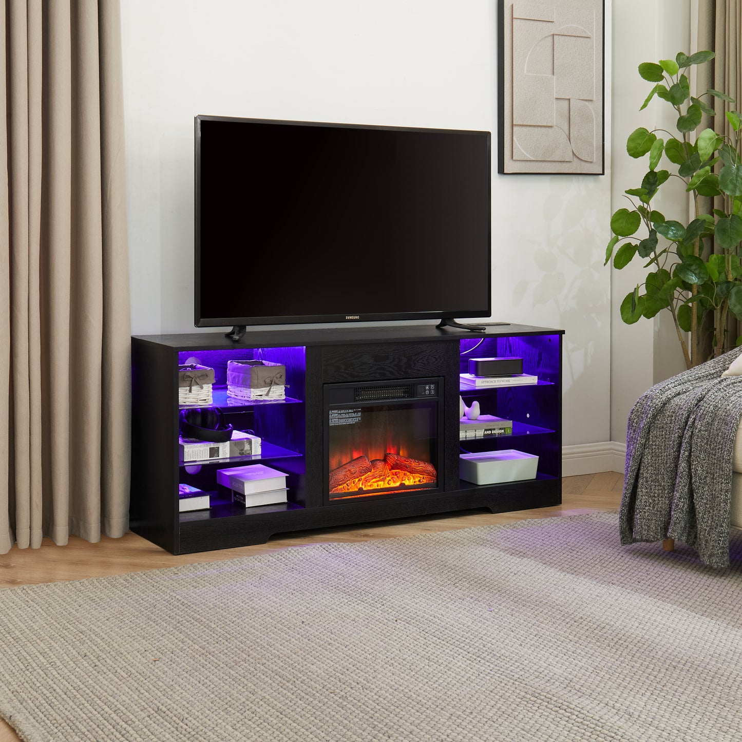 TV Stand Electric Fireplace  Glass Shelves, 3D Fireplace TV Stand with LED Lights Wood with USB Charging Outlet Modern Television Table Center for TV up to 62" Black 58''W*15.5''D*24.4