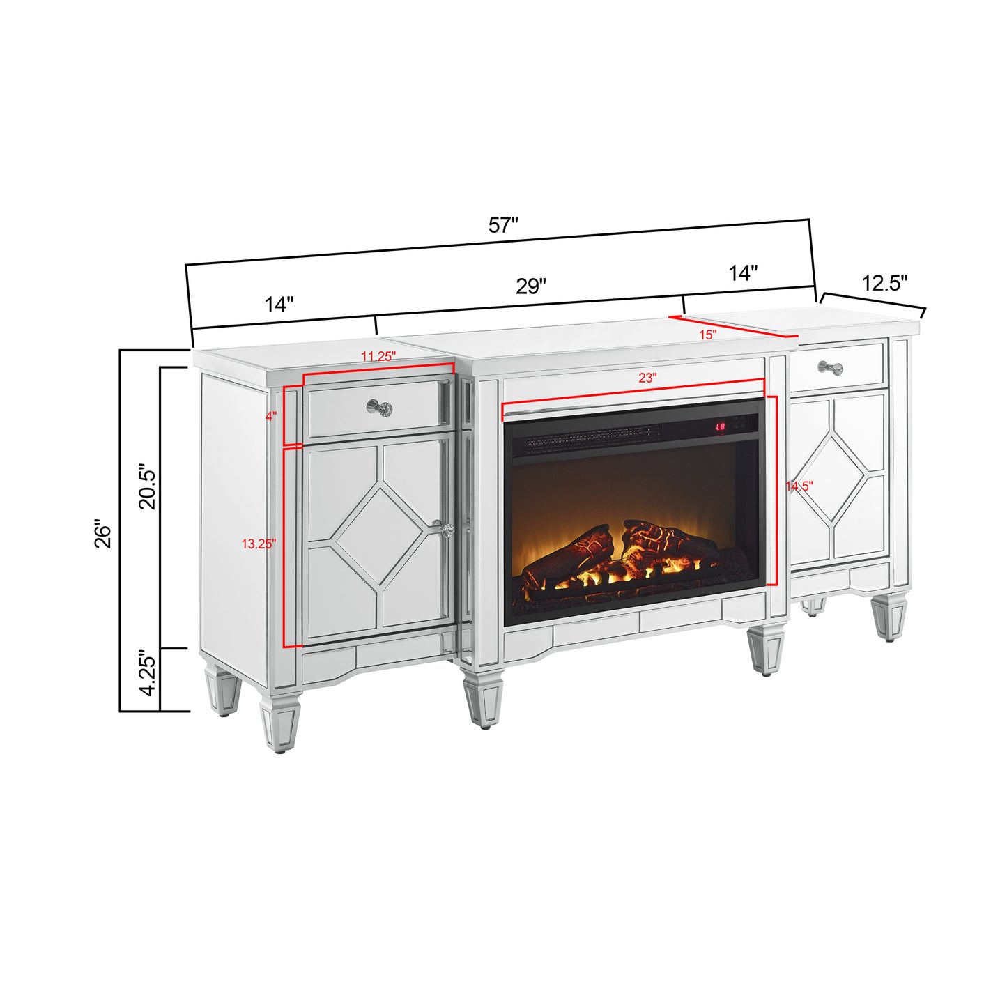 W 57" X D 15 " X H 25.6" Flash silver combination TV fireplace cabinet