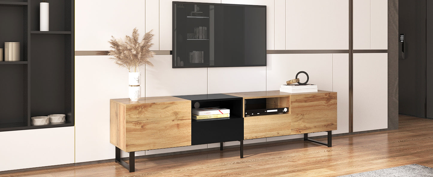 Modern TV Stand with 2 Cabinets& Open Storage Compartment, Color-matching Media Console Table for TVs up to 85'', Entertainment Center with Drop Down Door for Living Room, Bedroom, Home Theatre