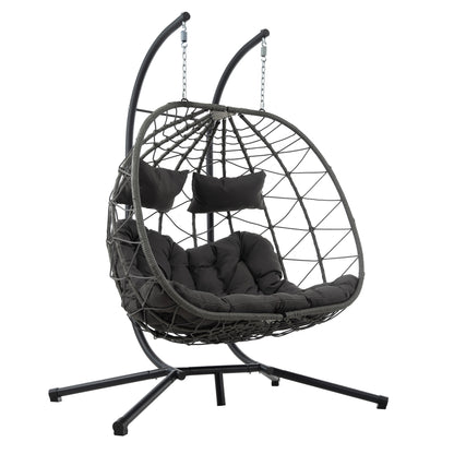 2 Persons Egg Chair with Stand Indoor Outdoor Swing Chair Patio Wicker Hanging Egg Chair Hanging Basket Chair with Stand for Bedroom Living Room Balcony