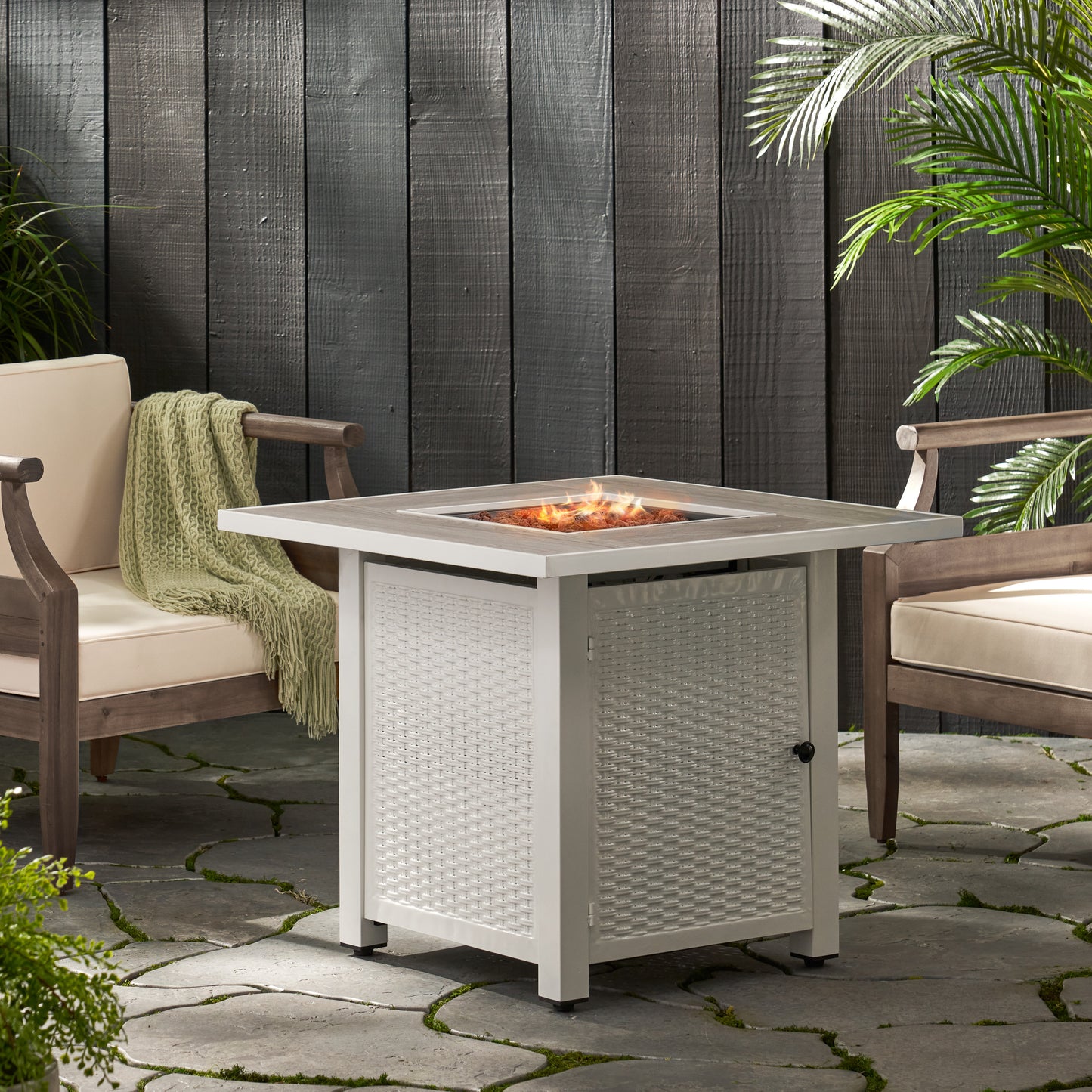 30" Outdoor 40,000BTU Square Iron Fire Pit with Ceramic Tile Top,  White