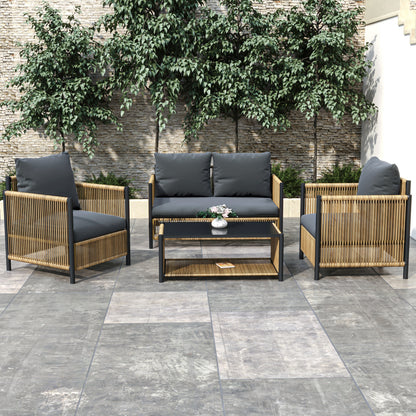 Patio 4 Pieces Brown PE Wicker Sofa Set with Grey Cushion