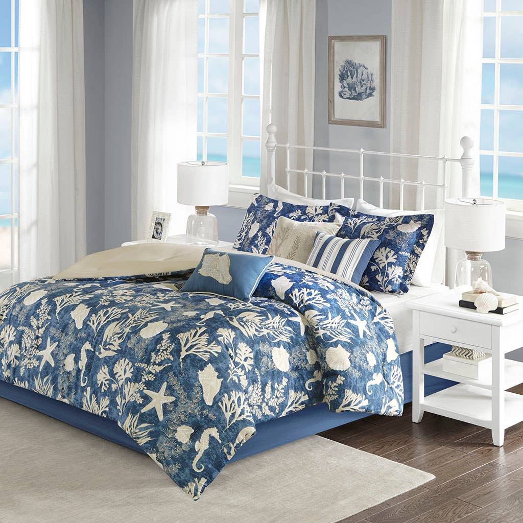 Seashell Coastal Navy Blue 7-Piece Comforter Set: Queen