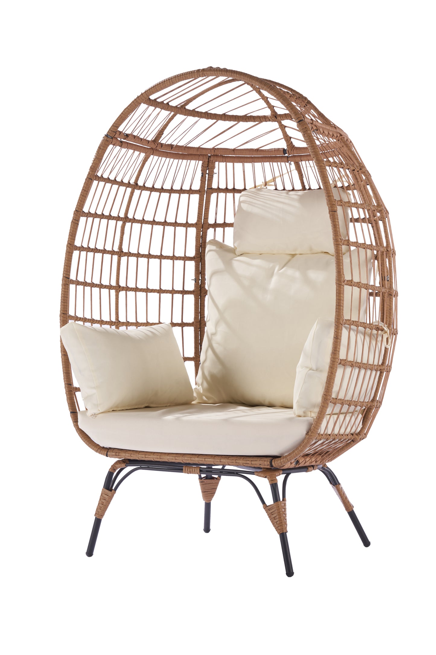 Wicker Egg Chair, Oversized Indoor Outdoor Lounger for Patio, Backyard, Living Room w/ 5 Cushions, Steel Frame, - Beige