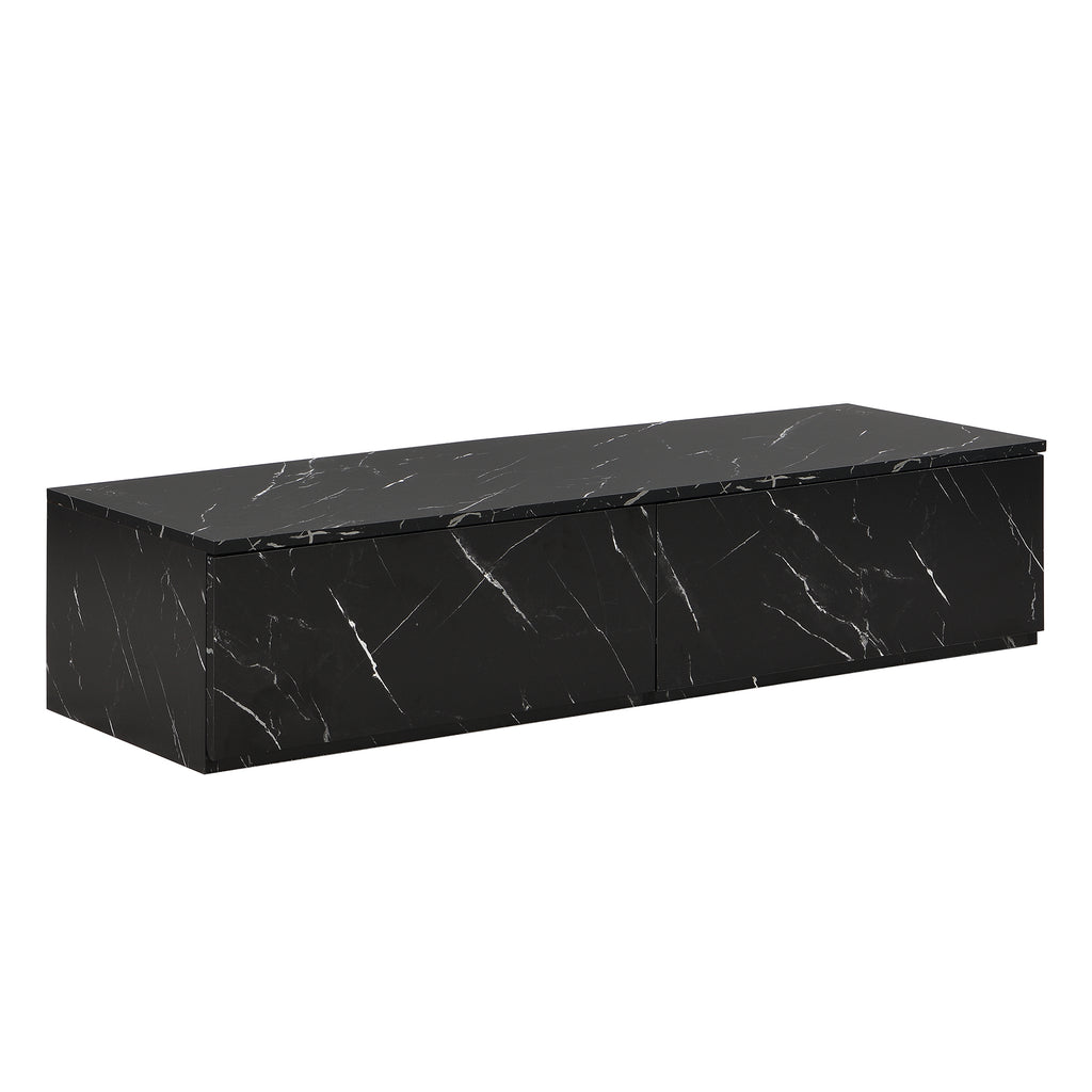 ON-TREND TV Stand with Faux Marble and Walnut Wood Grain Finish for TVs up to 88'', Modern Free-Combination Entertainment Center with 4 Storage Drawers for Living Room, Black