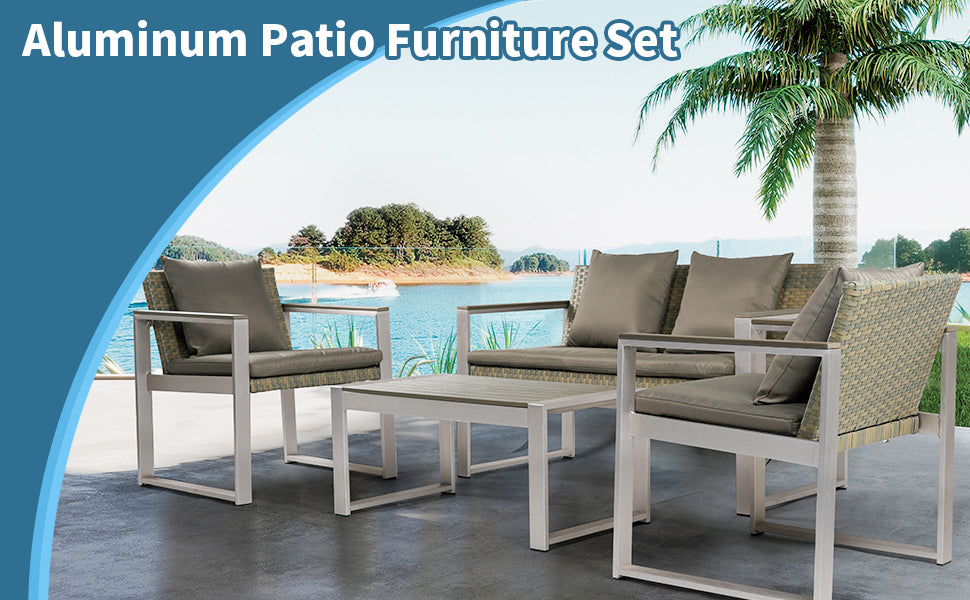 Aluminum and Rattan Modern 4 Piece Sofa Seating Group For Patio Garden Outdoor