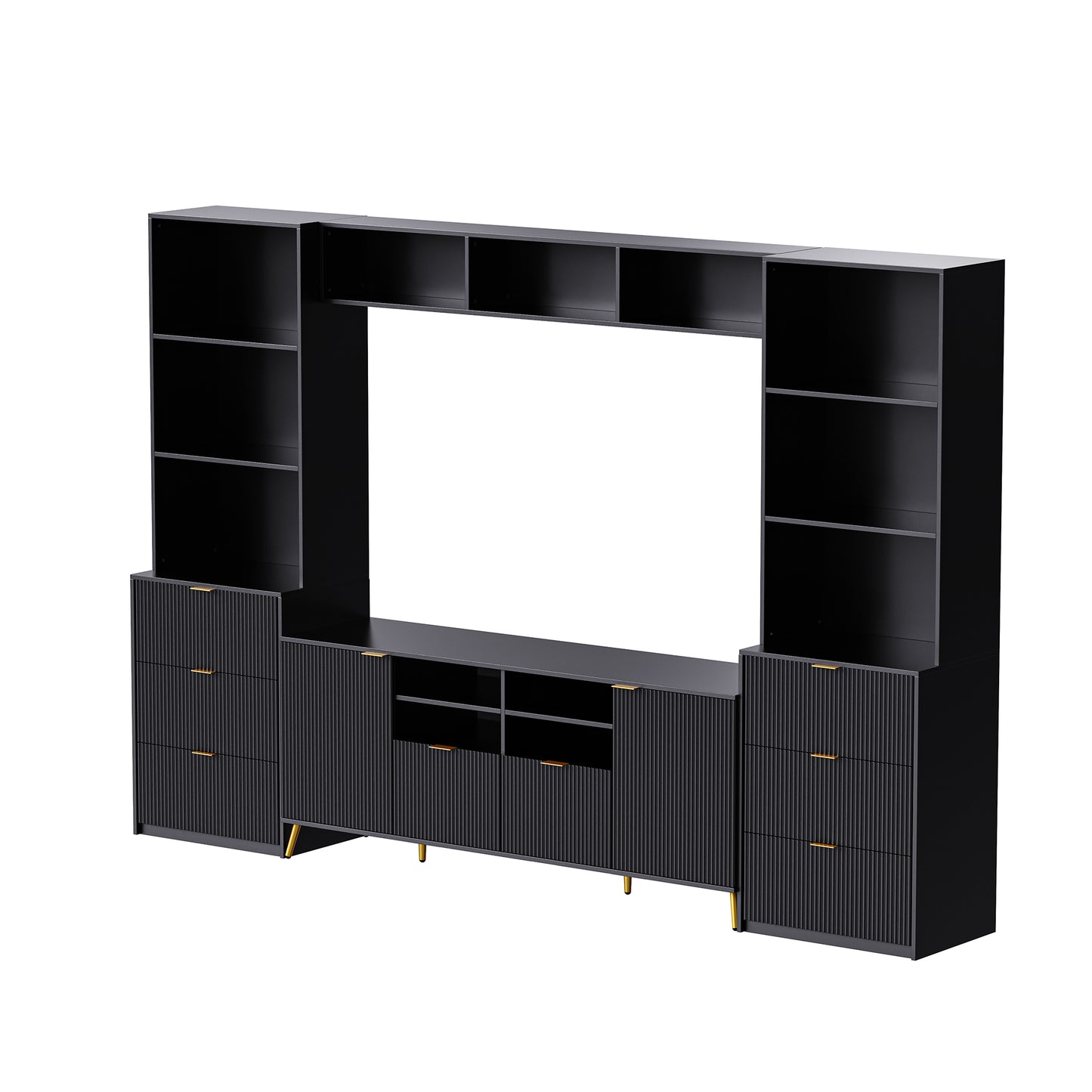 U-Can 4-Piece Entertainment Wall Unit with 13 shelves,8 Drawers and 2 Cabinets, Multifunctional TV Stand Media Storage Cabinet with Fluted Line Surface for Living Room, for TVs Up to 70"