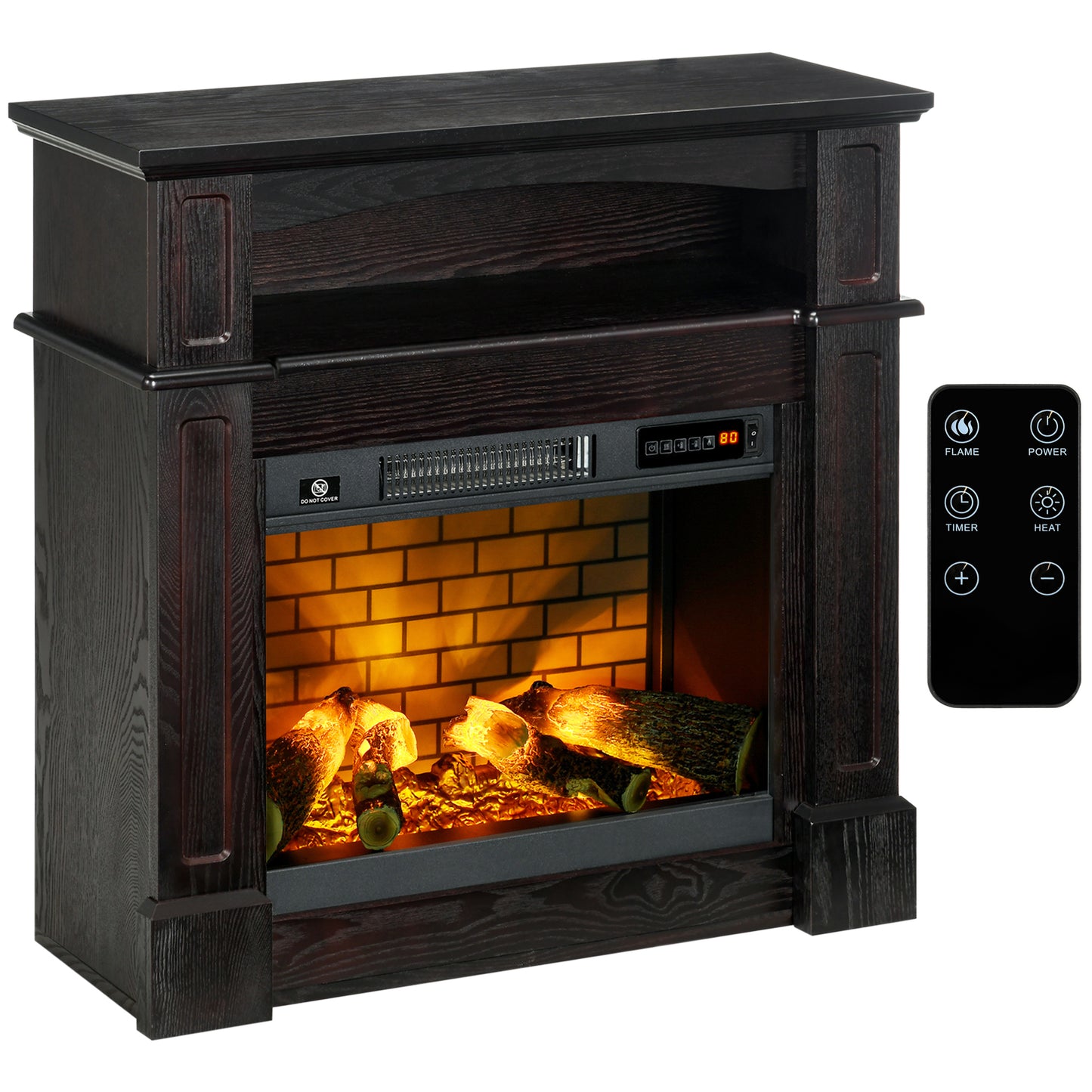 32" Electric Fireplace with Mantel, Freestanding Heater with LED Log Flame, Shelf and Remote Control, 700W/1400W, Brown