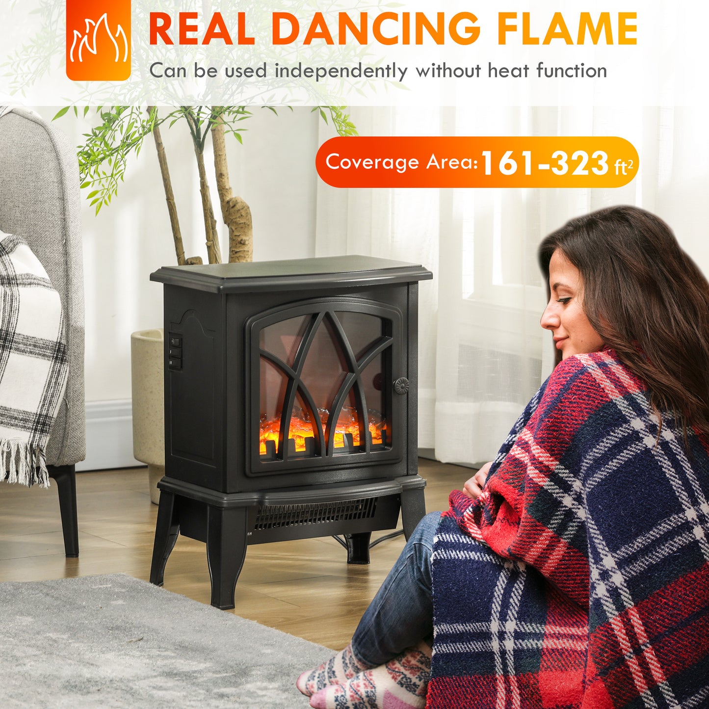 HOMCOM Electric Fireplace Stove, 18" Freestanding Fireplace Heater with Realistic Flame, Overheating Protection, Portable, 750W/1500W, Black