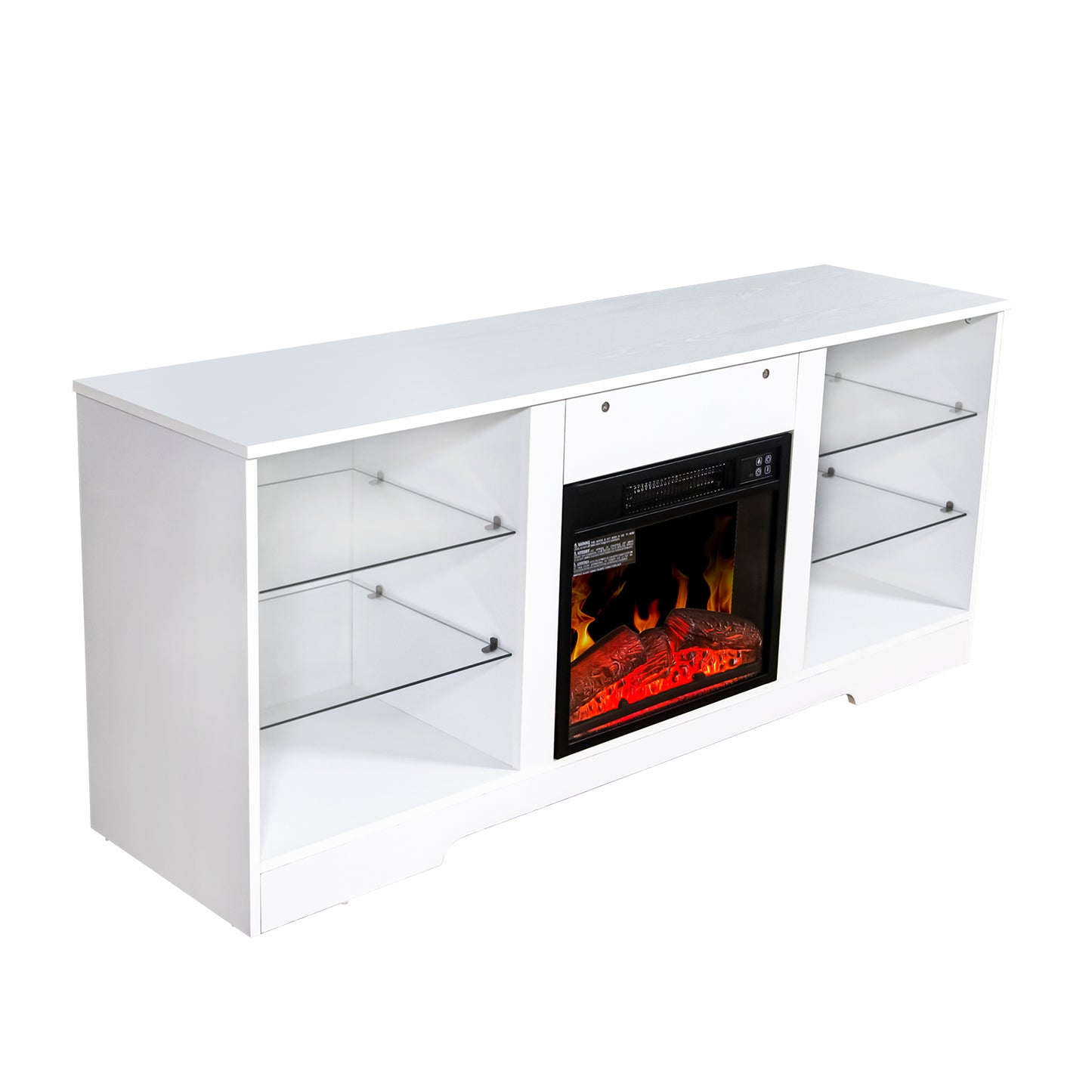 Fireplace TV Stand With 18 Inch Electric Fireplace Heater,Modern Entertainment Center for TVs up to 62 Inch With Adjustable Glass Shelves and Storage Cabinets  ( White )