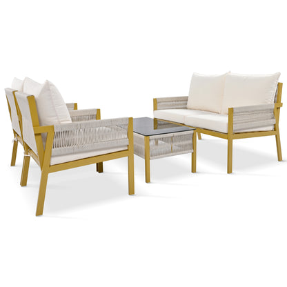 4-Piece Rope Patio Furniture Set, Outdoor Furniture with Tempered Glass Table, Patio Conversation Set Deep Seating with Thick Cushion for Backyard Porch Balcony (Beige&Mustard Yellow)