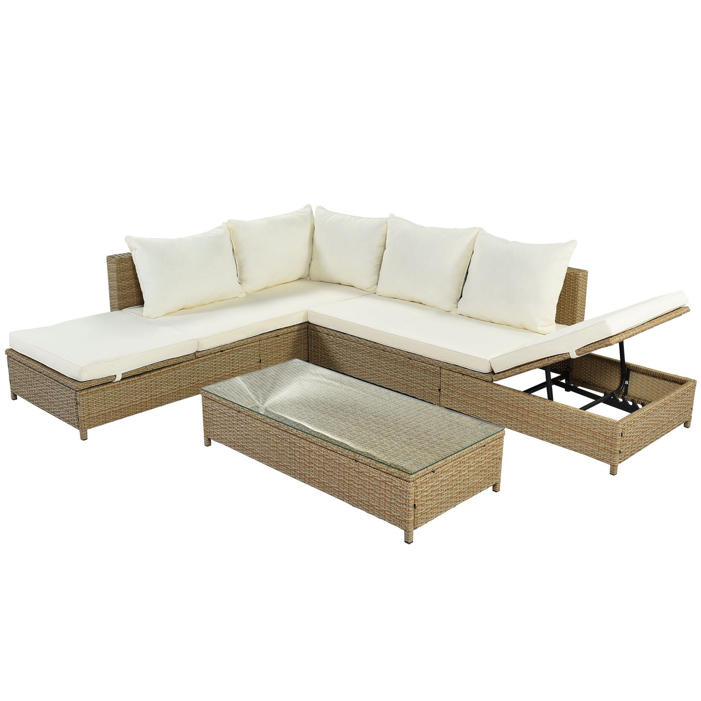 Patio 3-Piece Rattan Sofa Set All Weather PE Wicker Sectional Set with Adjustable Chaise Lounge Frame and Tempered Glass Table, Natural Brown