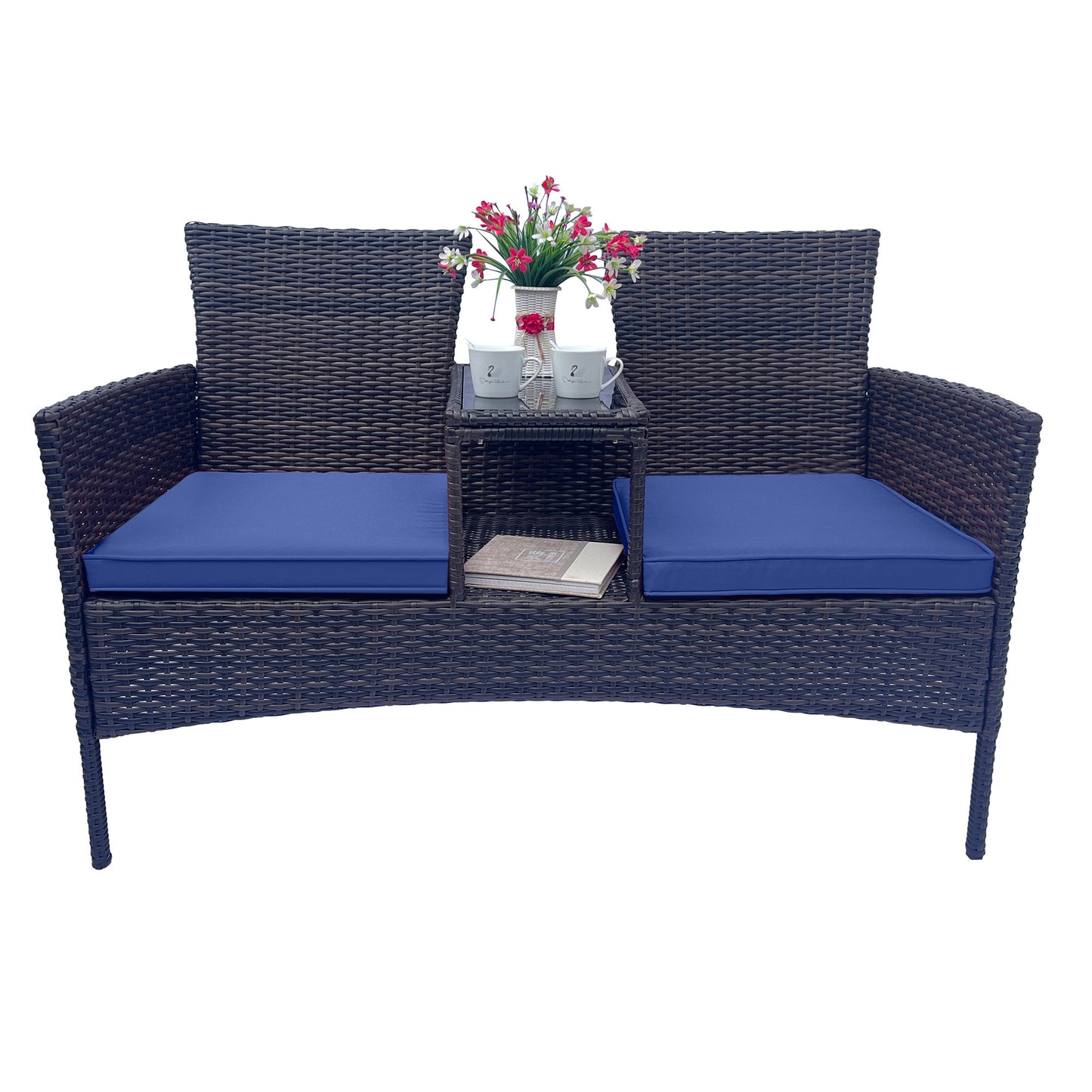 Wicker Patio Conversation Furniture Set, Outdoor Furniture Set with Removable Cushions & Table, Tempered Glass Top, Modern Rattan Bench for Garden Lawn Backyard