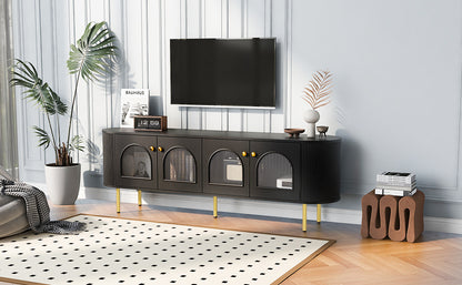 Modern TV Stand for TVs up to 80 Inches, Entertainment Center with 4 Cabinets, Wood Media Console with Metal Legs and Handles for Living room, Black