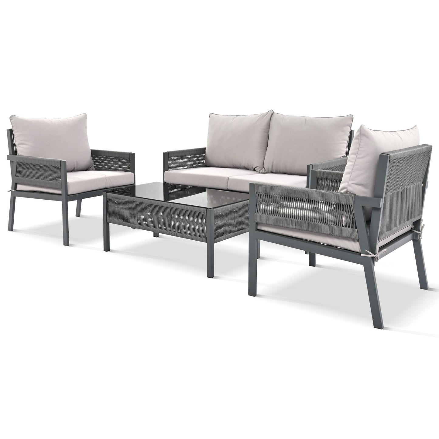 K&K 4-Piece Rope Patio Furniture Set, Outdoor Furniture with Tempered Glass Table, Patio Conversation Set Deep Seating with Thick Cushion for Backyard Porch Balcony (Grey)