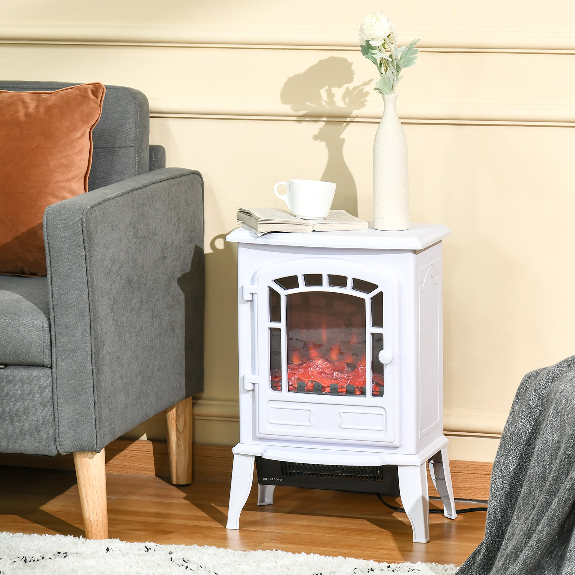 HOMCOM 22" Free standing Electric Fireplace Stove, Fire Place Heater with Realistic Flame Effect, Overheat Safety Protection, 750W / 1500W, White
