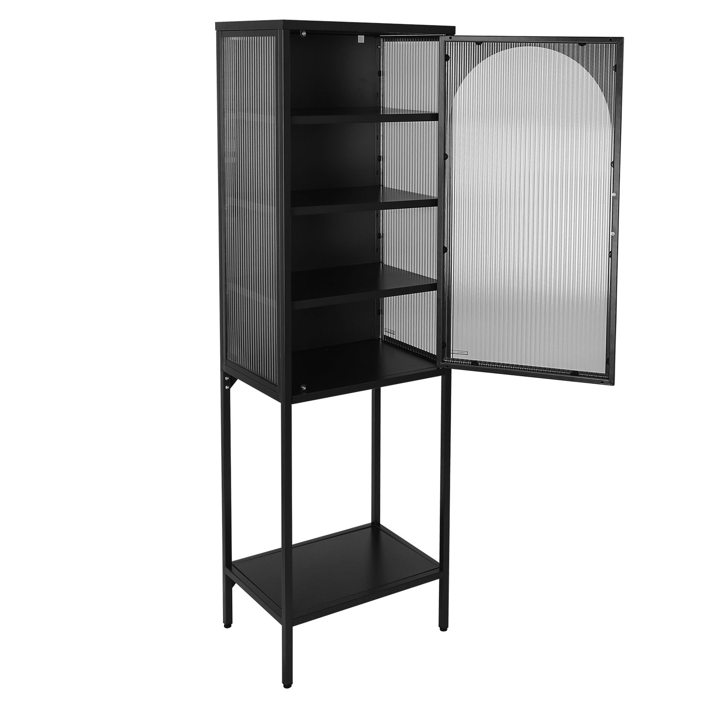 Stylish Tempered Glass High Cabinet with Arched Door Adjustable Shelves and Feet Anti-Tip Dust-free Fluted Glass Kitchen Credenza Black