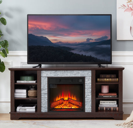 Faux Stacked Stone TV Media Stand with Open Storage Modern Entertainment Console  Space with 18" Fireplace Insert, Cherry, 58.31"W*15.39"D*26.06"H