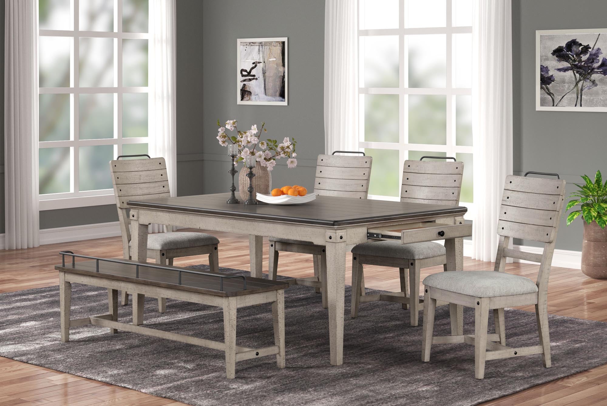 Shiplap Two Tone Storage Dining Set with Metal Back Bench