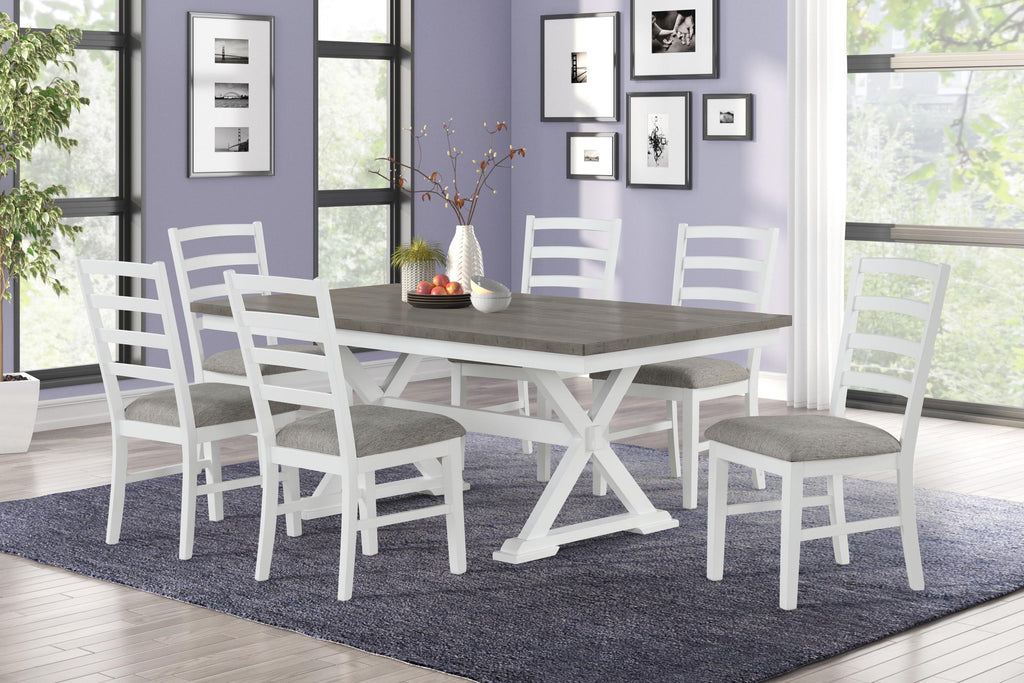 Farmhouse Trestle White and Gray Dining Table with Six Ladderback Style Chairs
