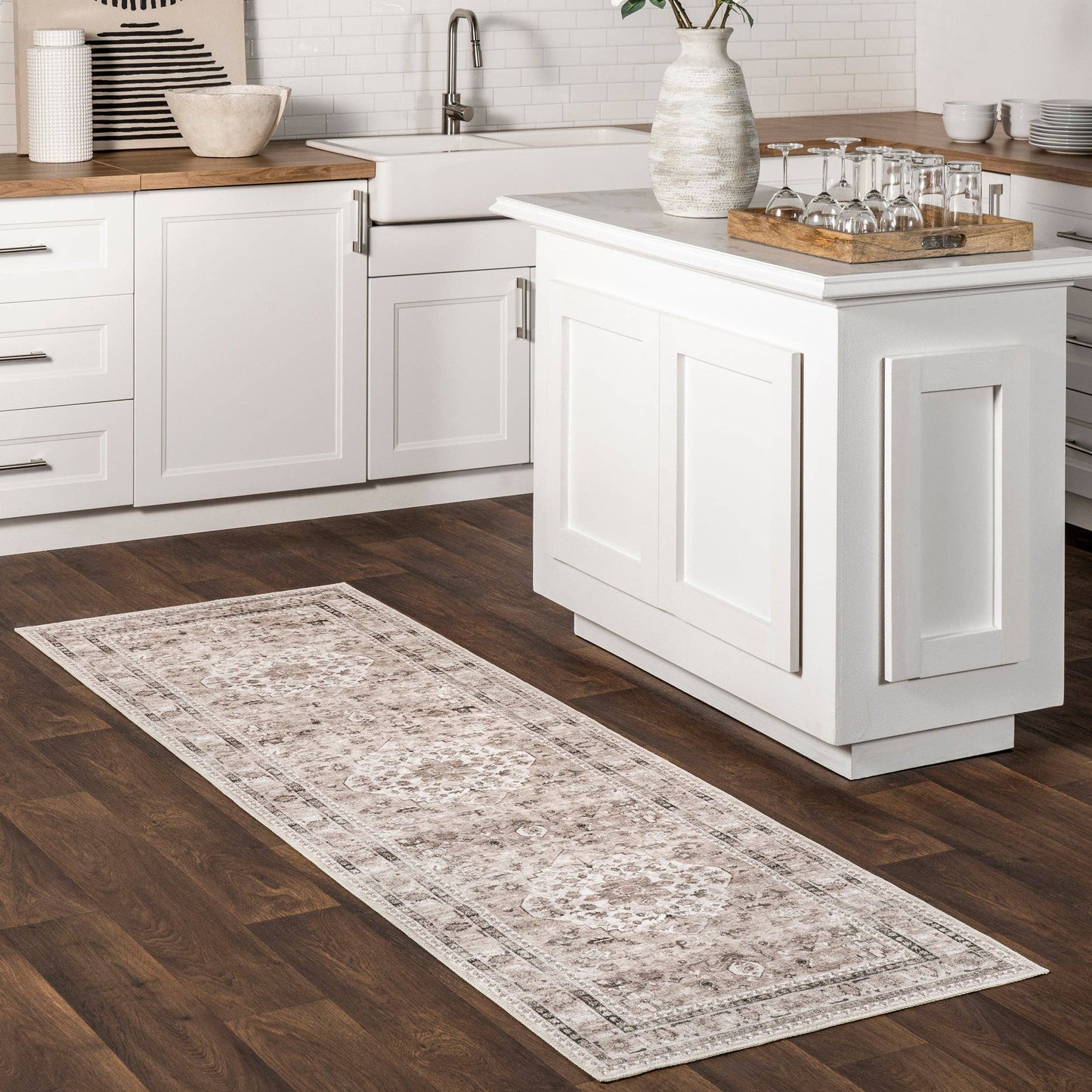 Davi Faded Stain-Resistant Machine Washable Area Rug: Taupe / Rectangle / 5' x 8'