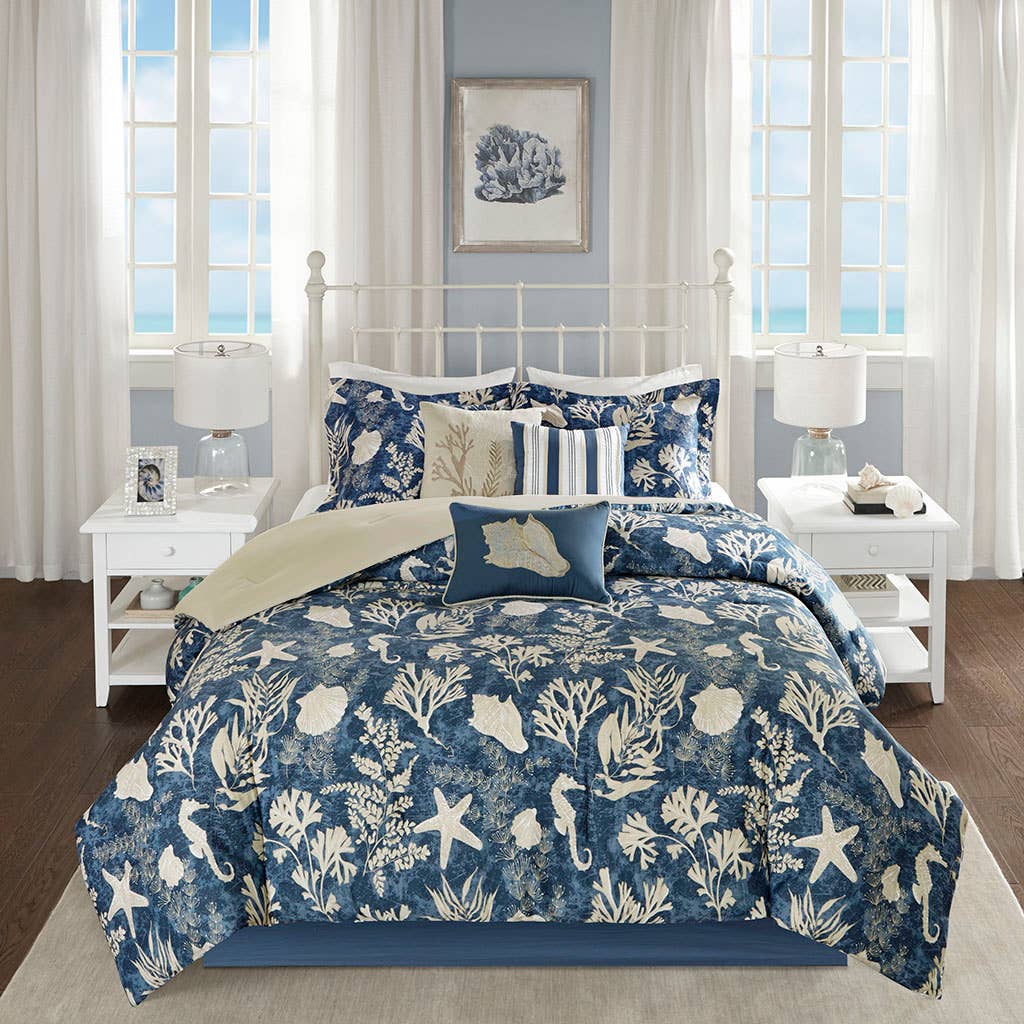 Seashell Coastal Navy Blue 7-Piece Comforter Set: Queen