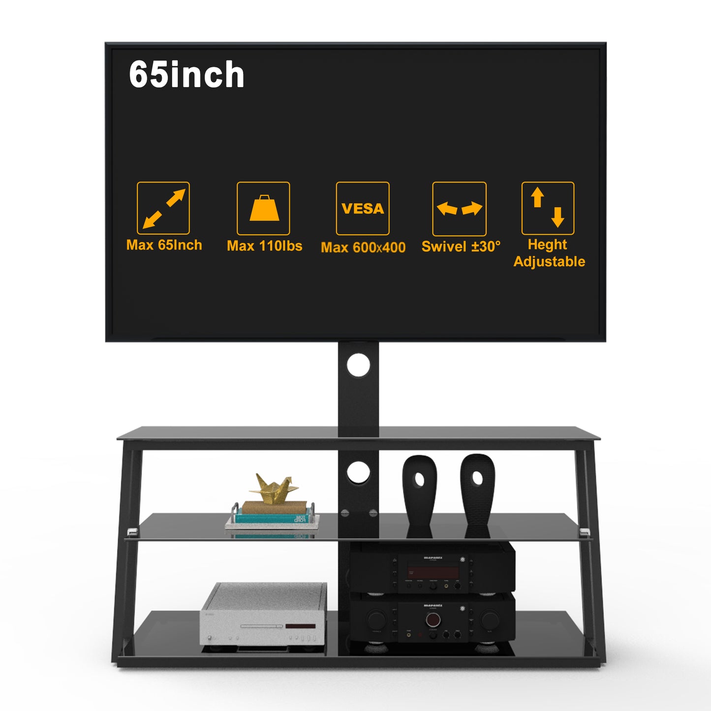 Black Multi-Function Angle And Height Adjustable Tempered Glass  TV Stand