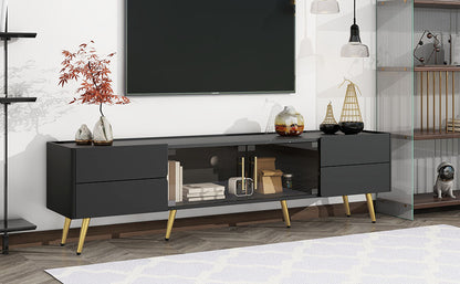 U-Can Modern TV Stand with LED lights for TVs up to 80 Inches, Entertainment Center with 4 Drawers and 1 Cabinet with Brown Glass Door, Media Console with Metal Legs and Handles for Living room