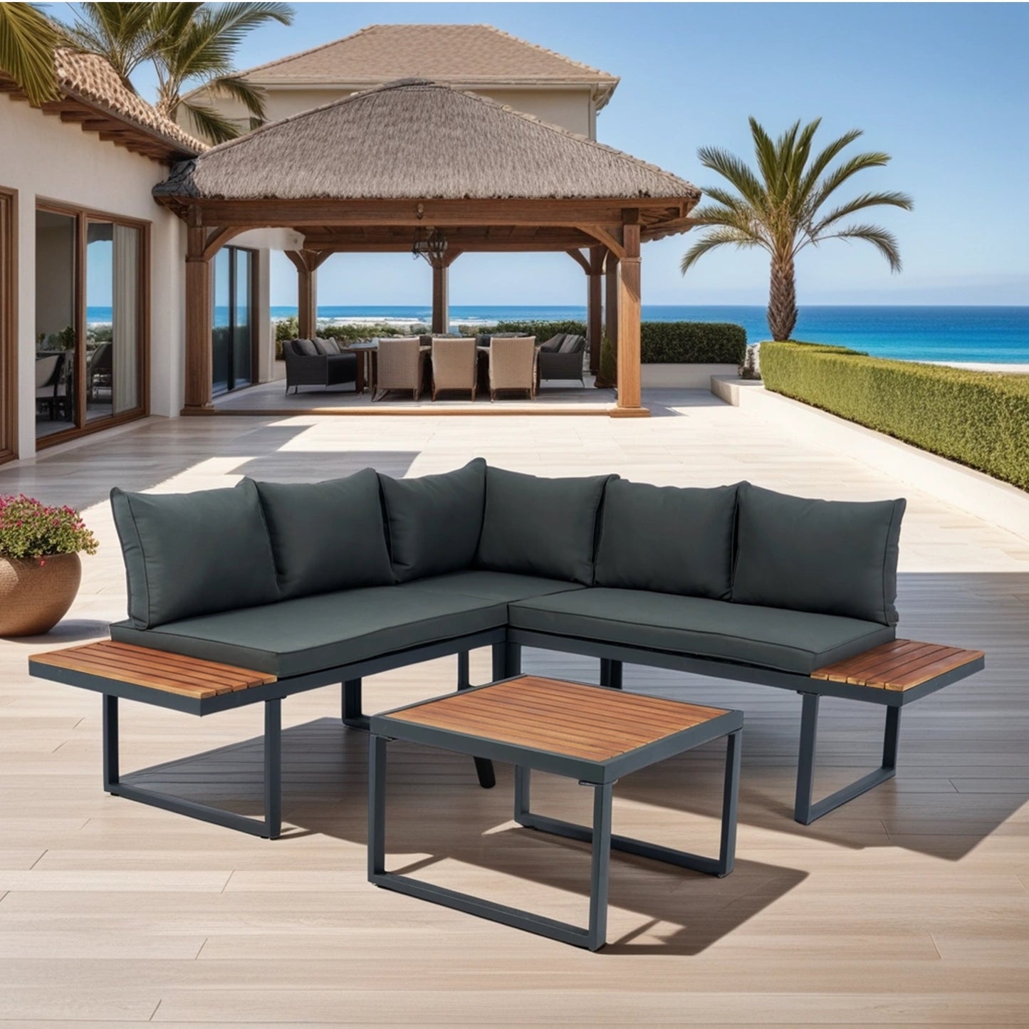 4 Piece L-Shaped Patio Wicker Outdoor 5-Seater Sectional Sofa Seating Group Conversation Sets with Side Table & Dark Grey Cushions