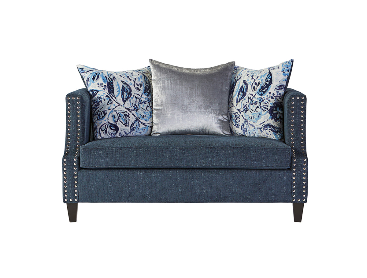 Simone Indigo Chrome Nailhead Sofa and Loveseat